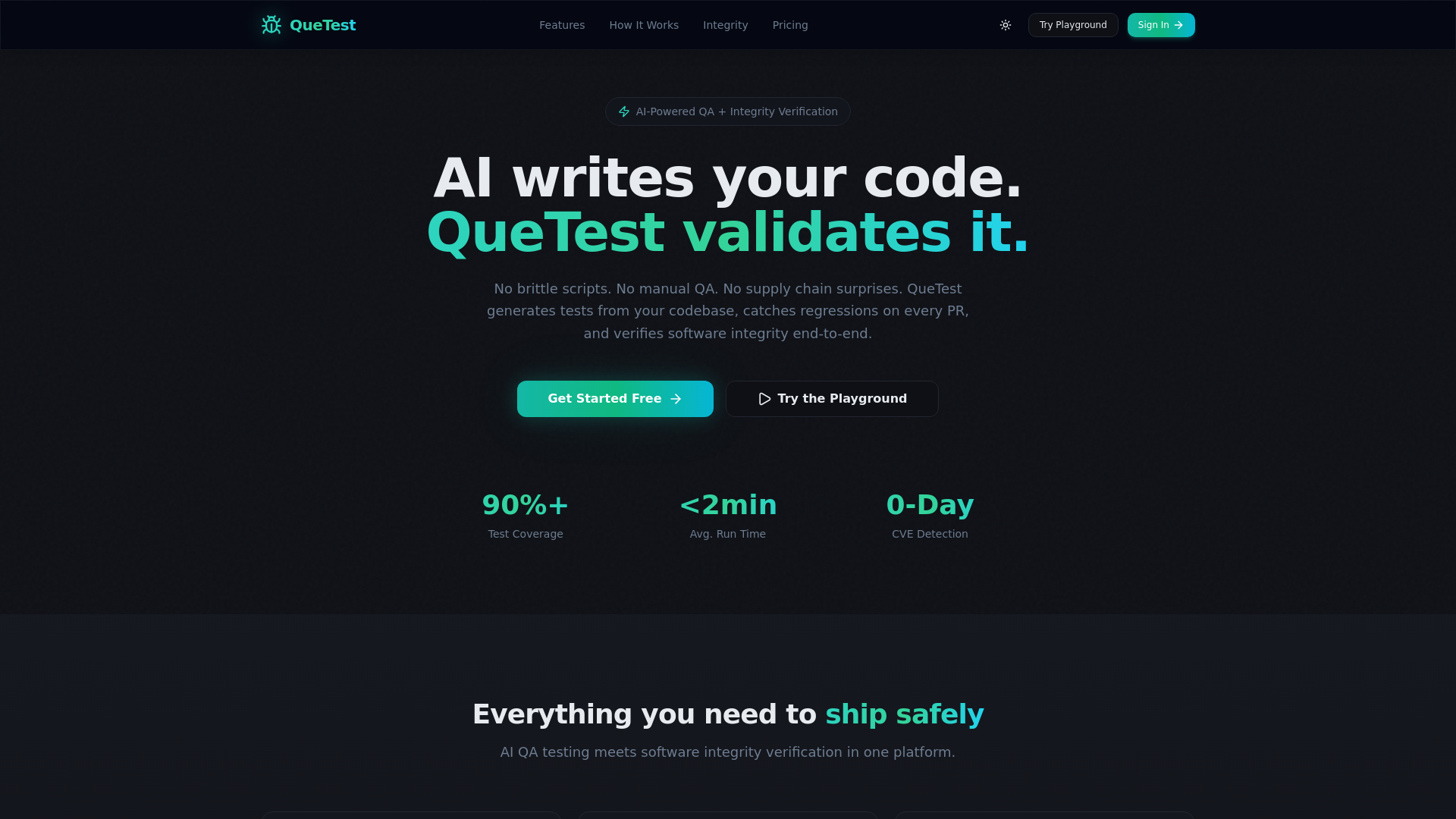 website screenshot of https://quetest.xyz/