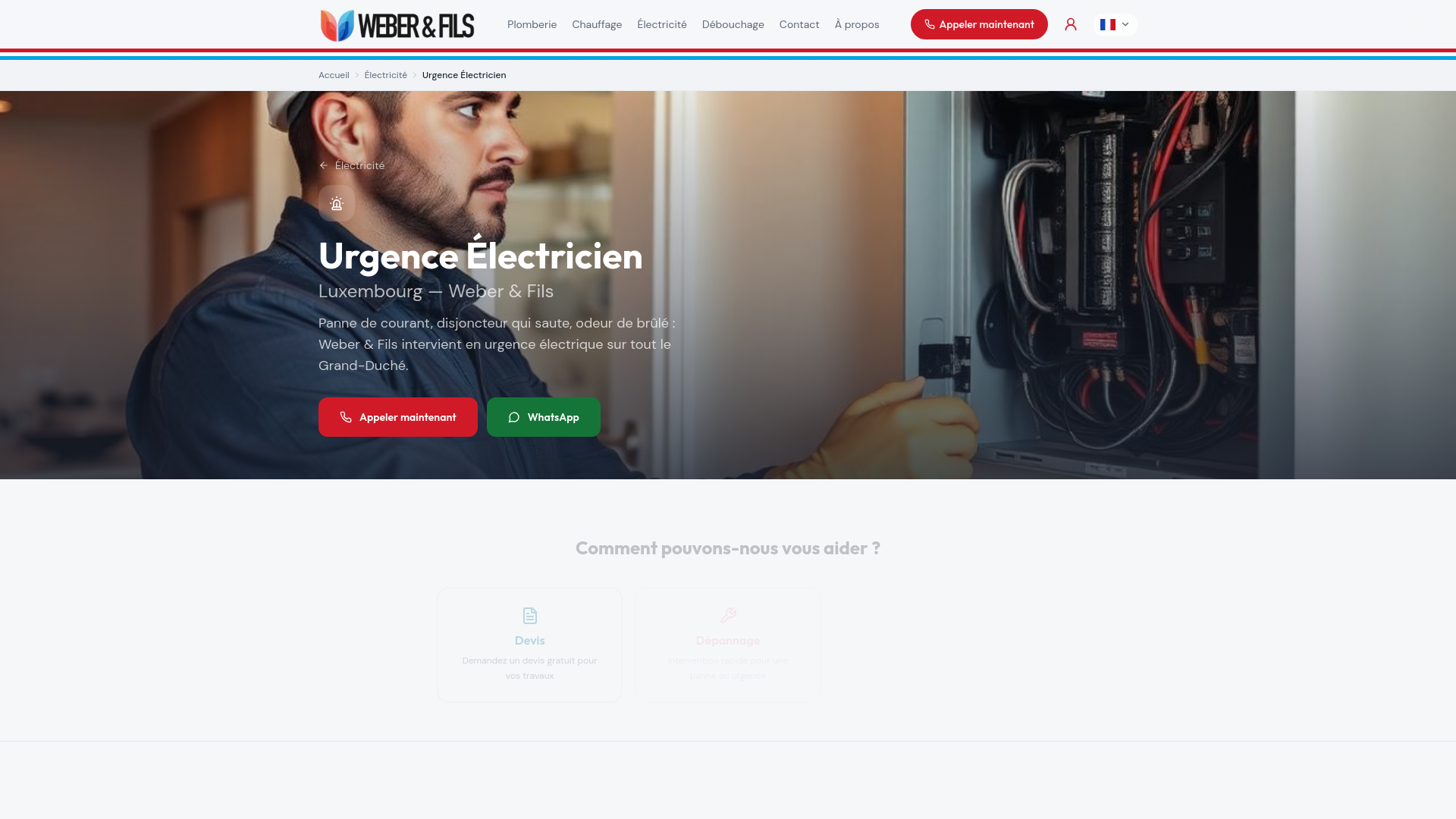 website screenshot of https://electricien-urgence.lu/