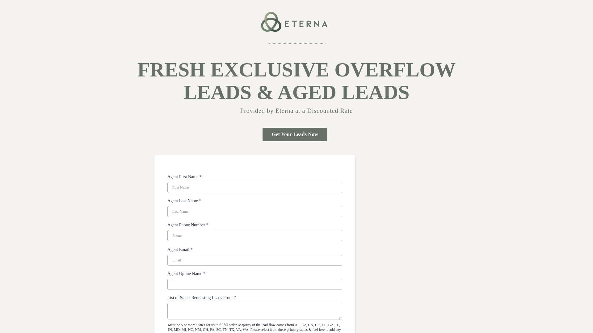 website screenshot of https://eternaagentleads.com/