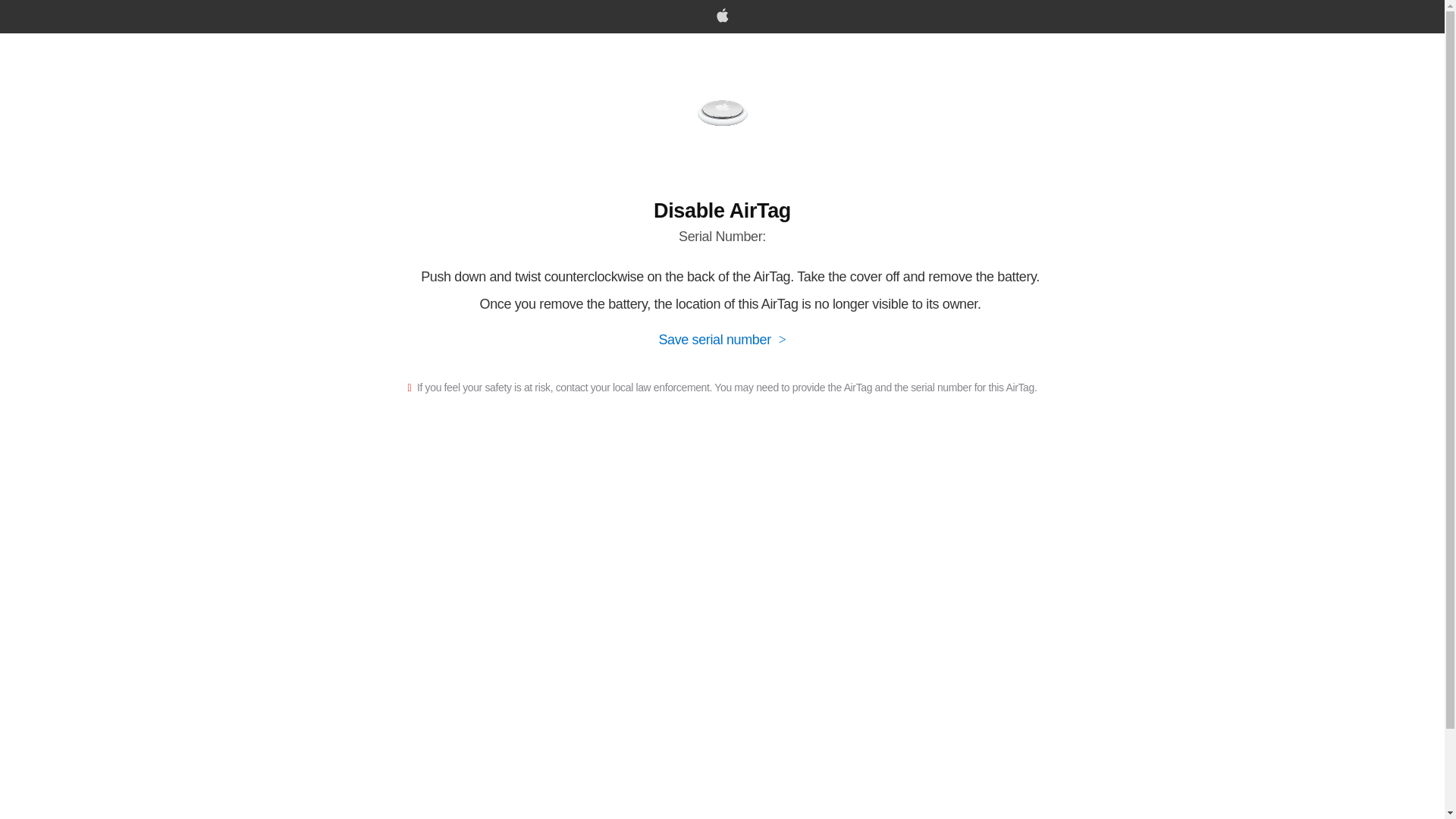 website screenshot of https://found.apple.com/airtag/disable