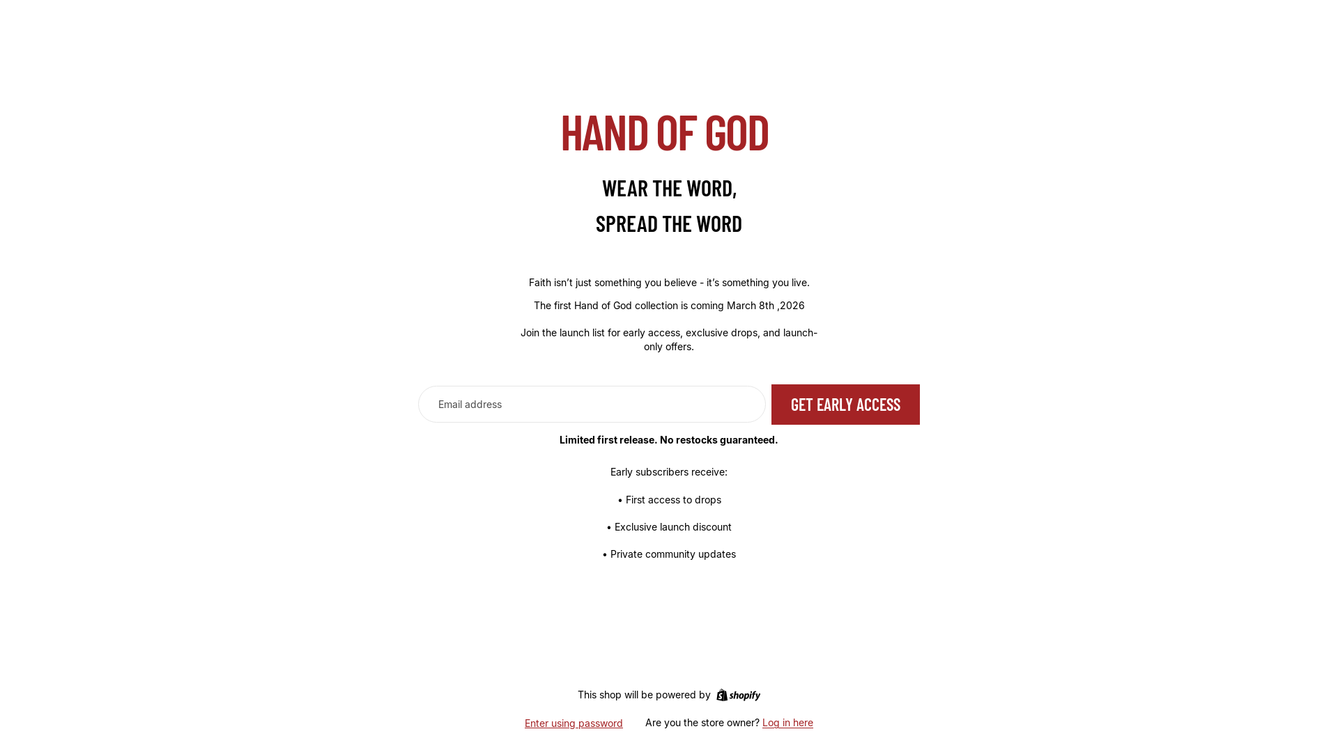 website screenshot of https://handofgodwear.com/
