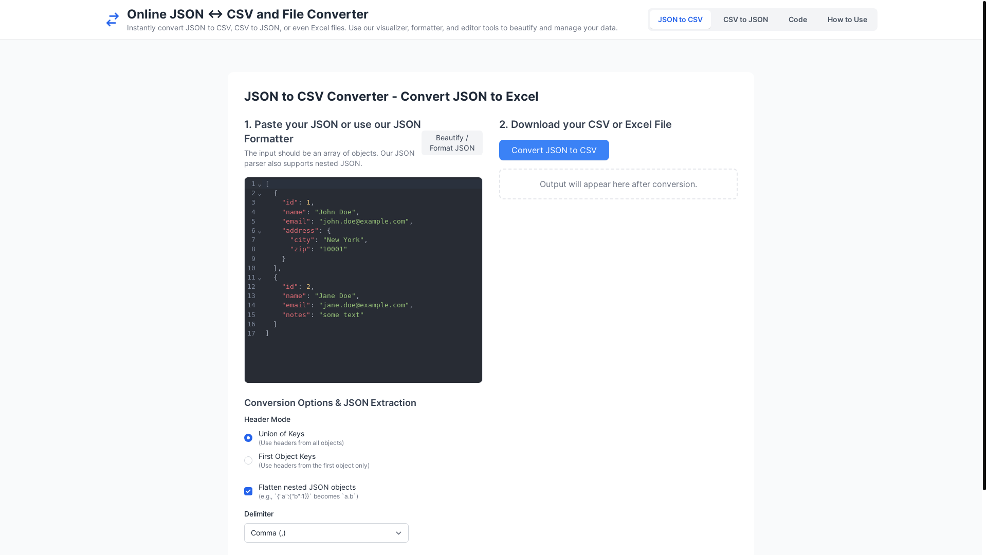 website screenshot of https://jsonandcsv-tech.pages.dev/