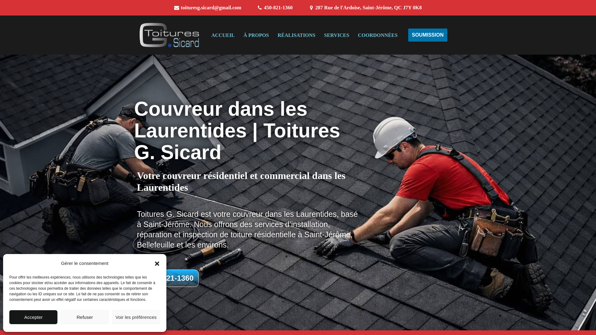 website screenshot of https://toitures-sicard-laurentides.ca