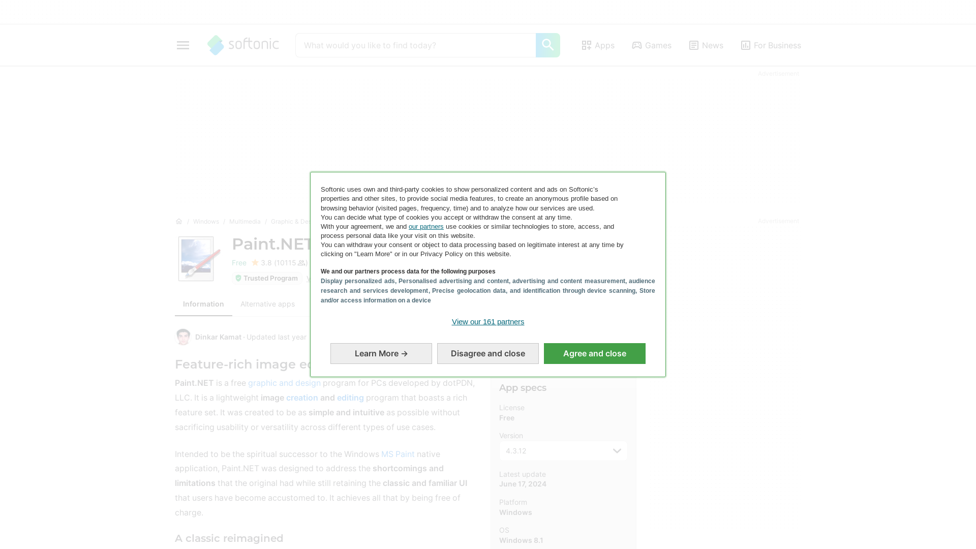 website screenshot of https://paint-net.en.softonic.com/?utm_source=SEM&utm_medium=paid&utm_campaign=EN_desktop_RegionA_conversions_DSA_US&gad_source=5&gad_campaignid=15629179591&gclid=EAIaIQobChMIg53u-v_YjgMVVJ9aBR2H_QHgEAAYASAAEgJfC_D_BwE