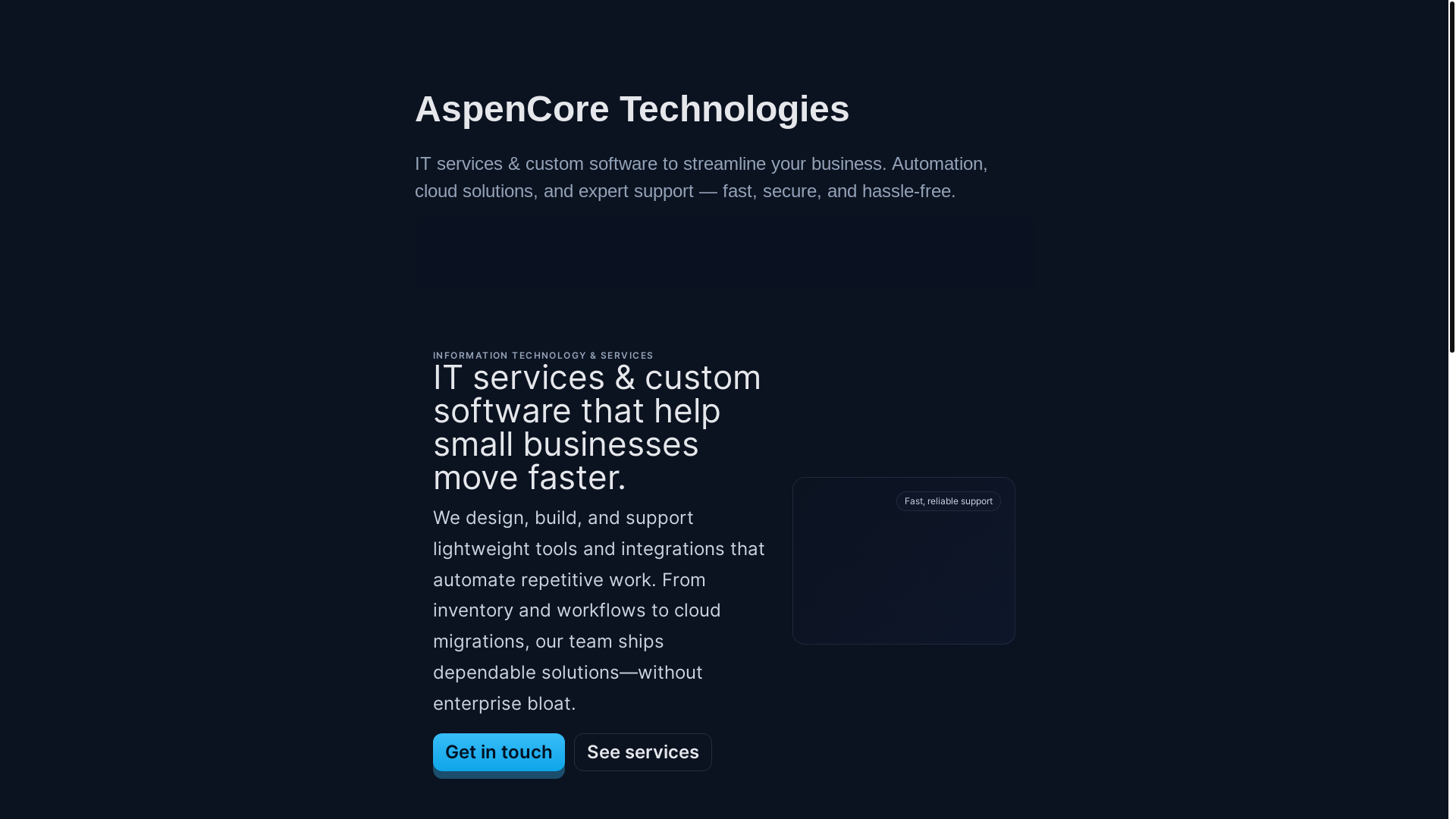website screenshot of https://aspencoretechnologies.com/