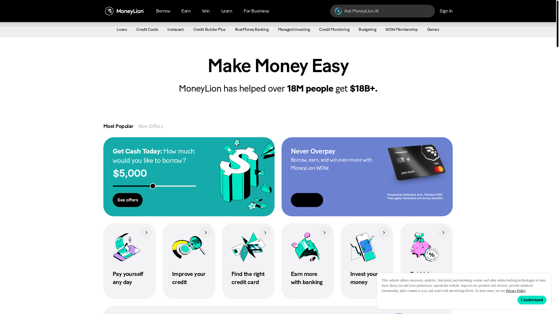 website screenshot of https://moneylion.com/
