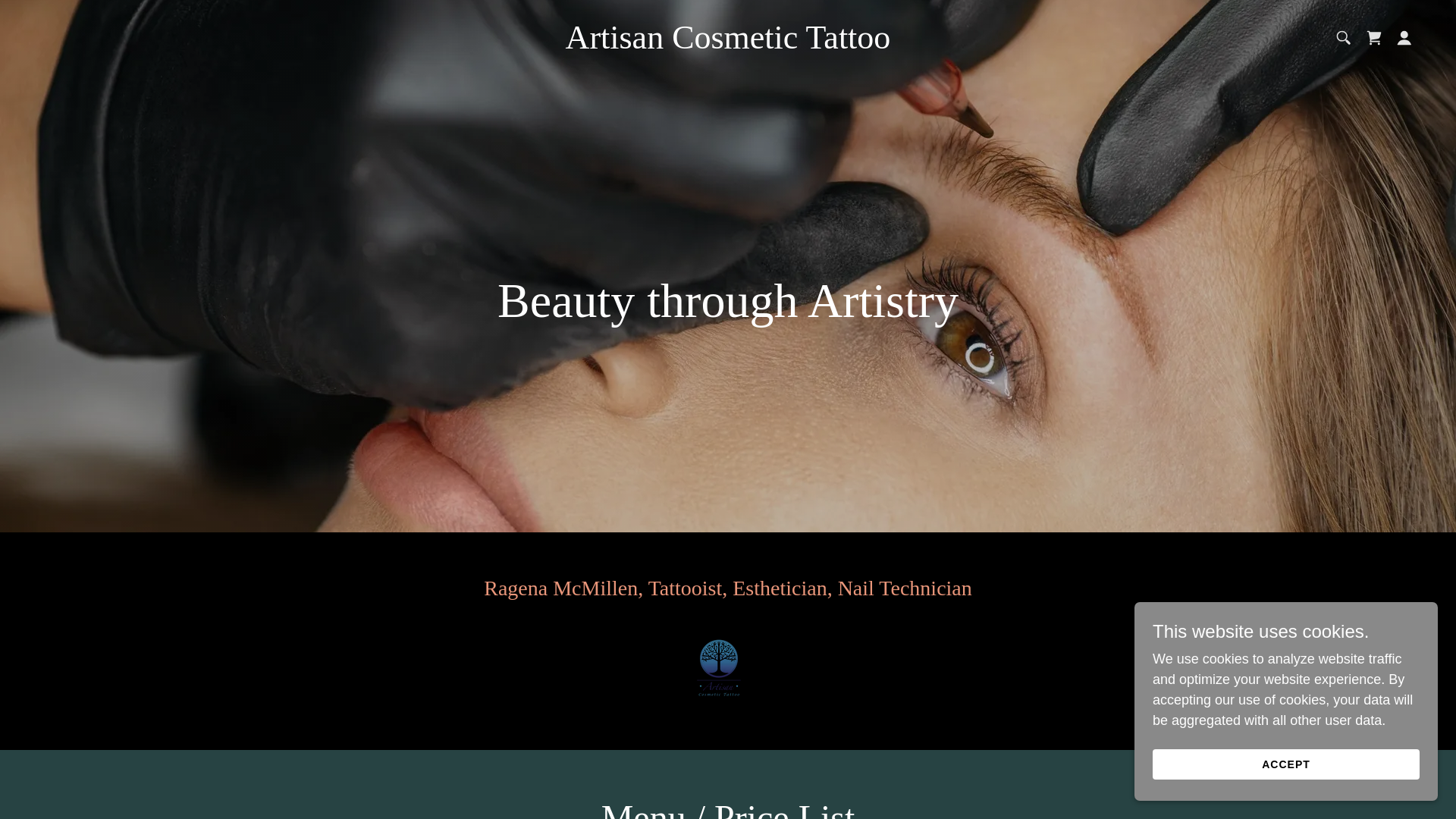 website screenshot of https://artisancosmetictattoo.beauty/