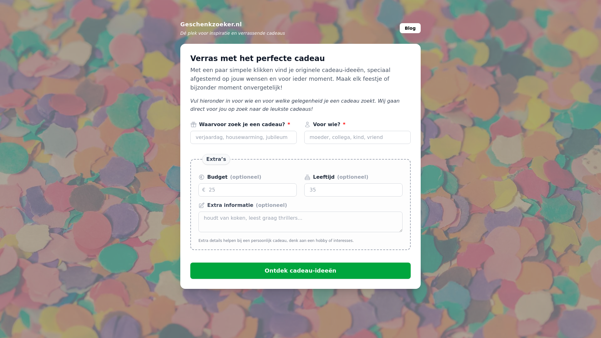 website screenshot of https://geschenkzoeker.nl/