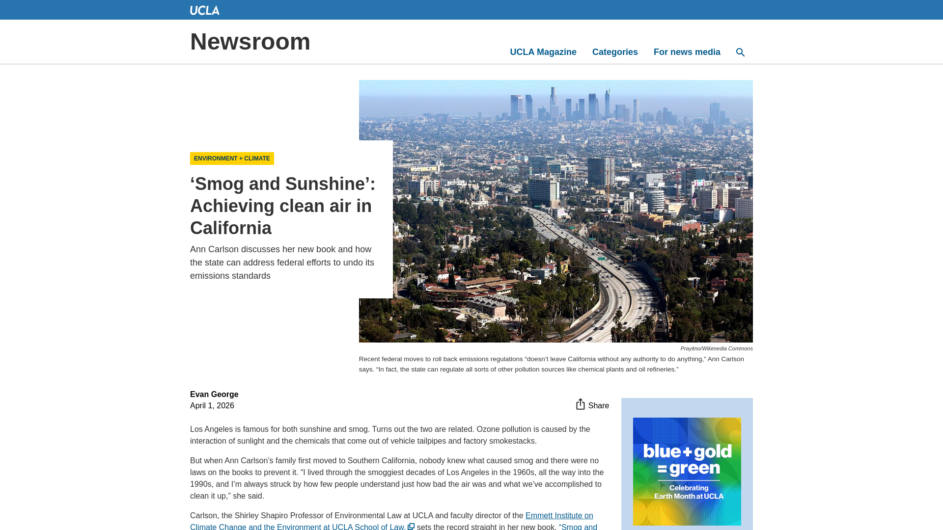 website screenshot of https://newsroom.ucla.edu/stories/smog-and-sunshine-achieving-clean-air-in-california