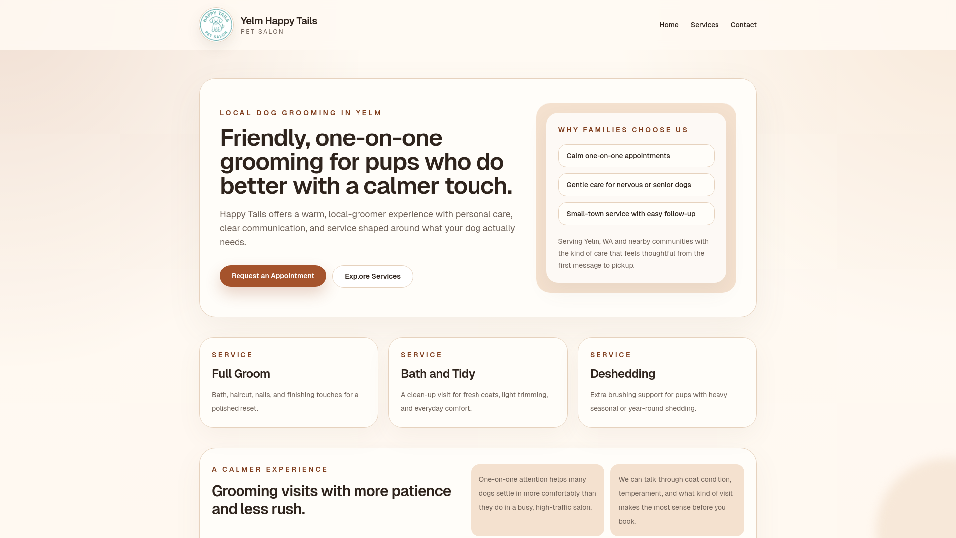 website screenshot of https://yelmhappytails.com/