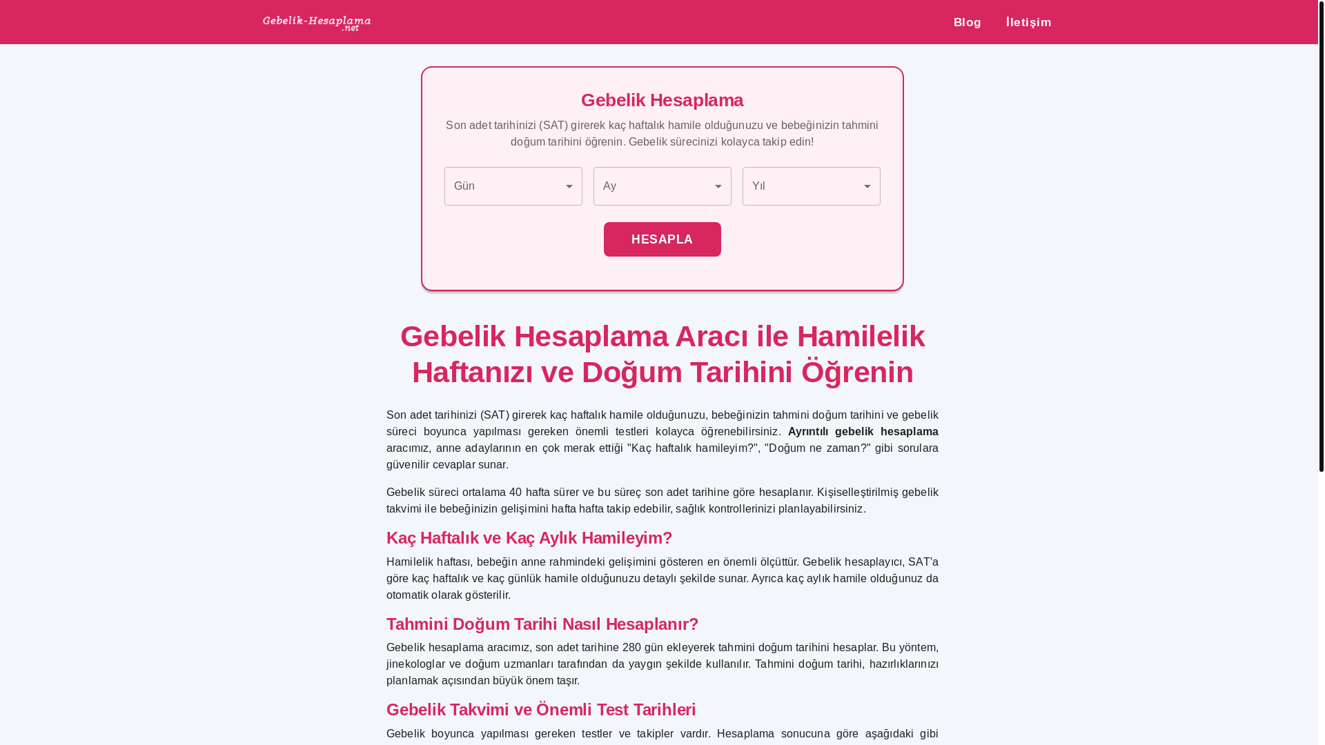 website screenshot of https://gebelik-hesaplama.net/