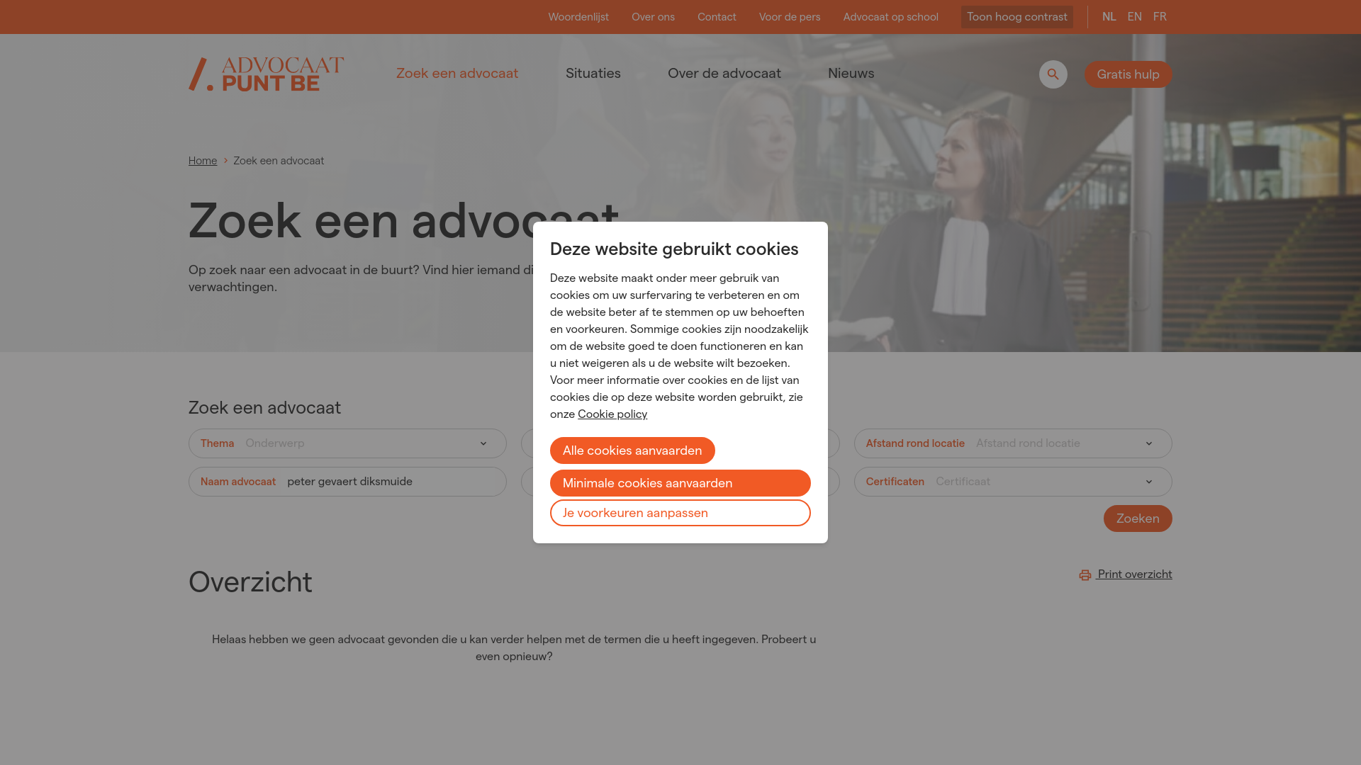 website screenshot of https://www.advocaat.be/nl/zoek-een-advocaat?name=peter+gevaert+diksmuide
