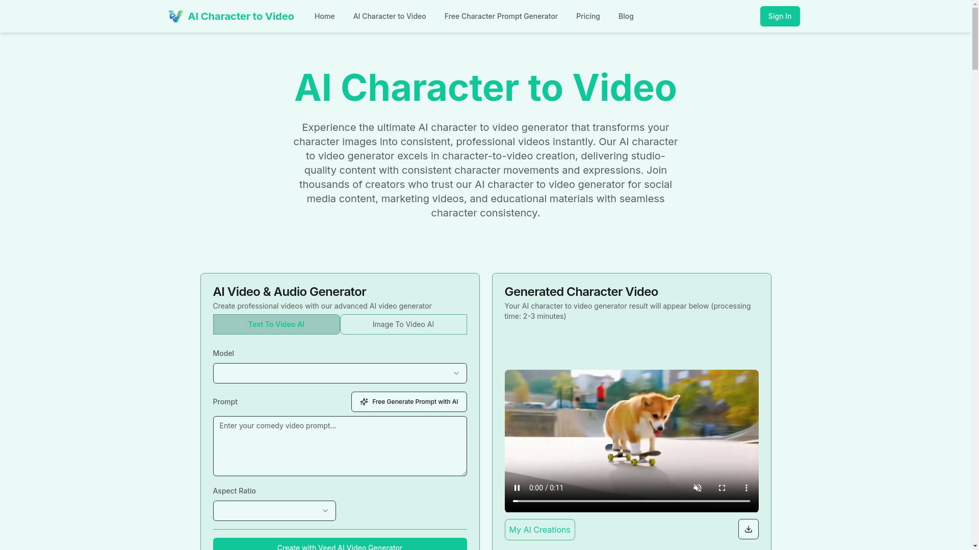 website screenshot of https://characterto.video/