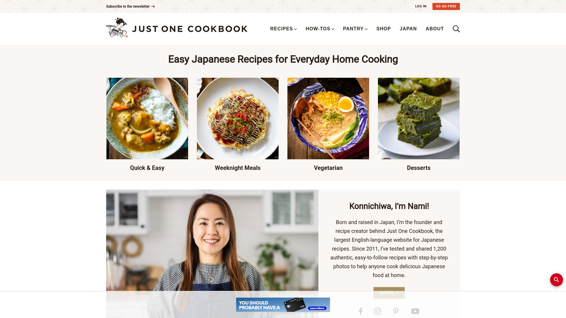 website screenshot of https://justonecookbook.com