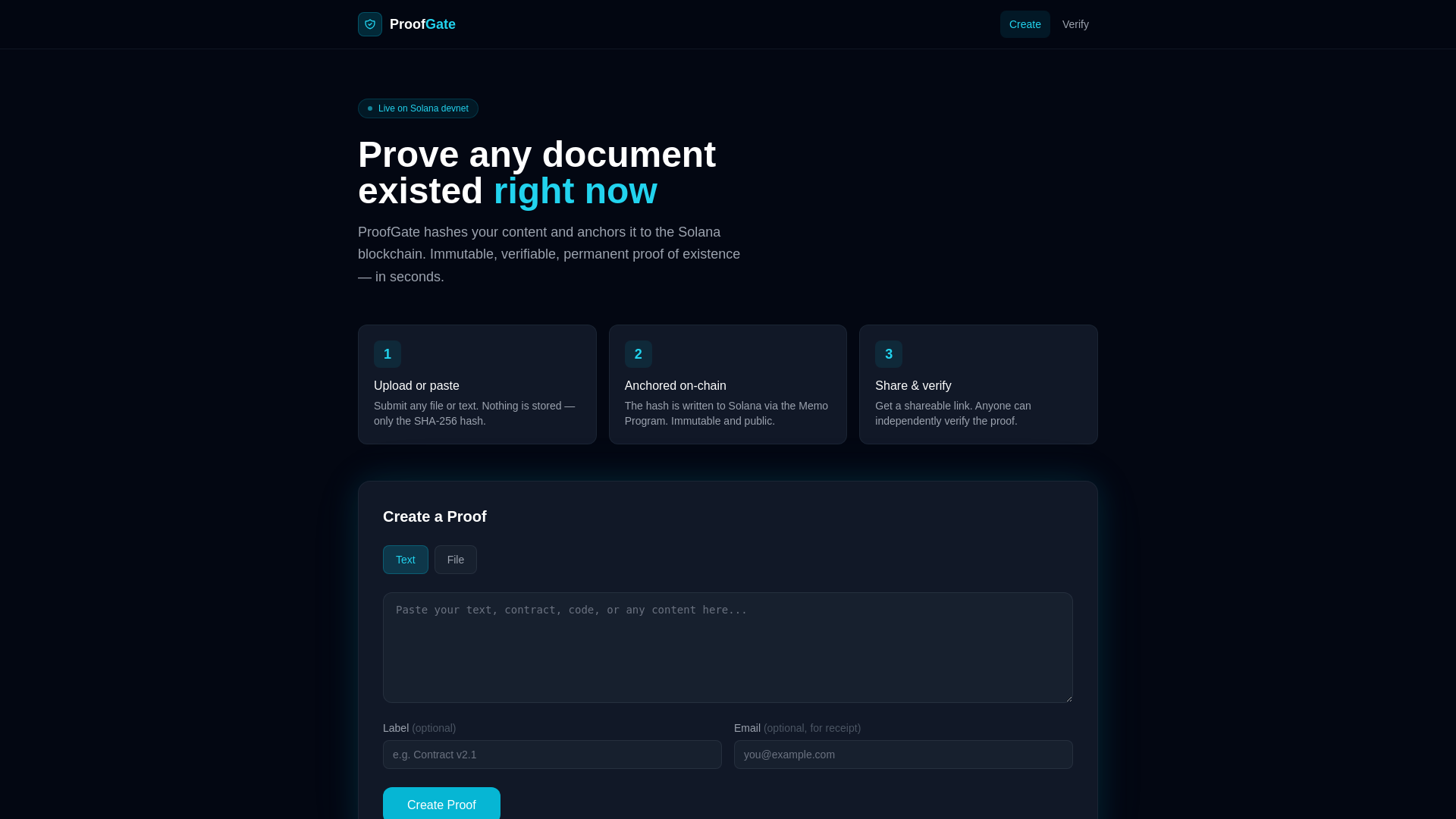 website screenshot of https://proofgate.io