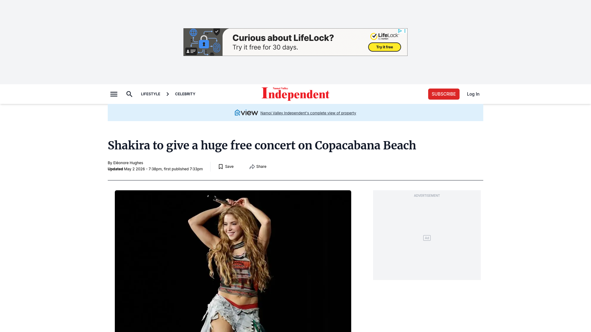 website screenshot of https://www.nvi.com.au/story/9238014/shakira-to-give-a-huge-free-concert-on-copacabana-beach/
