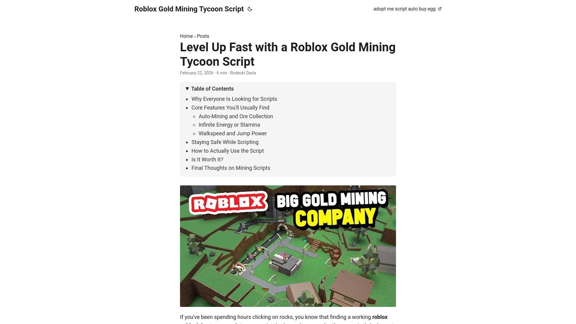 website screenshot of https://roblox-gold-mining-tycoon-script.pages.dev/