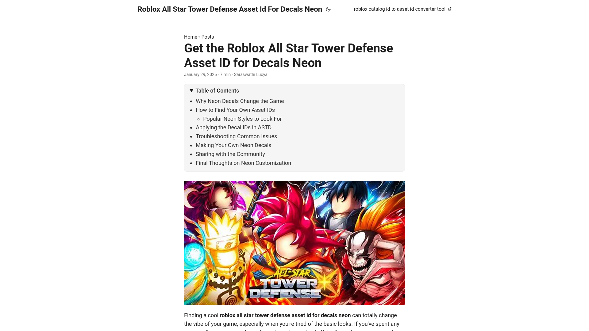 website screenshot of https://roblox-all-star-tower-defense-asset-id-for-decals-neon.pages.dev/