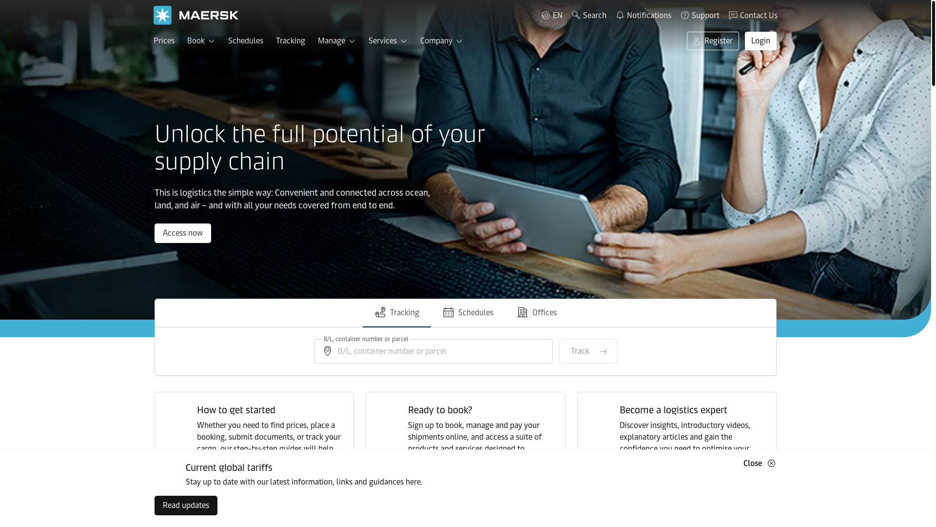 website screenshot of https://www.maersk.com/?_obid=4877e75b-403b-44e1-bab9-b85c25d90230
