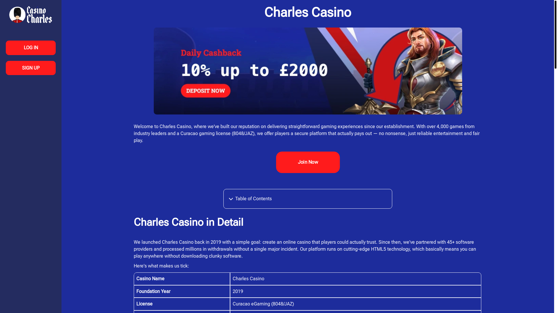website screenshot of https://charlescasino.net/