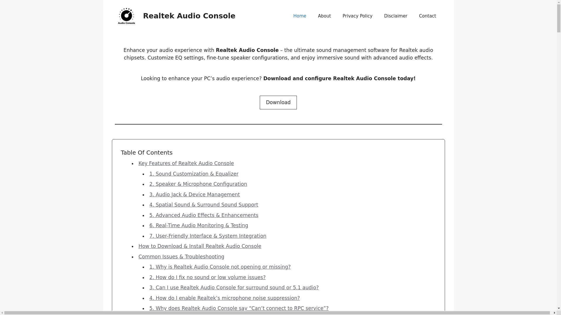 website screenshot of https://realtekaudioconsole.com/