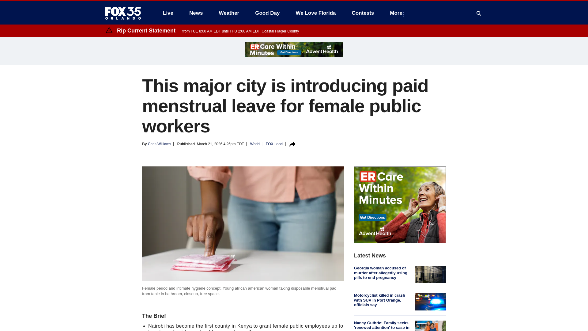 website screenshot of https://www.fox35orlando.com/news/nairobi-paid-menstrual-leave
