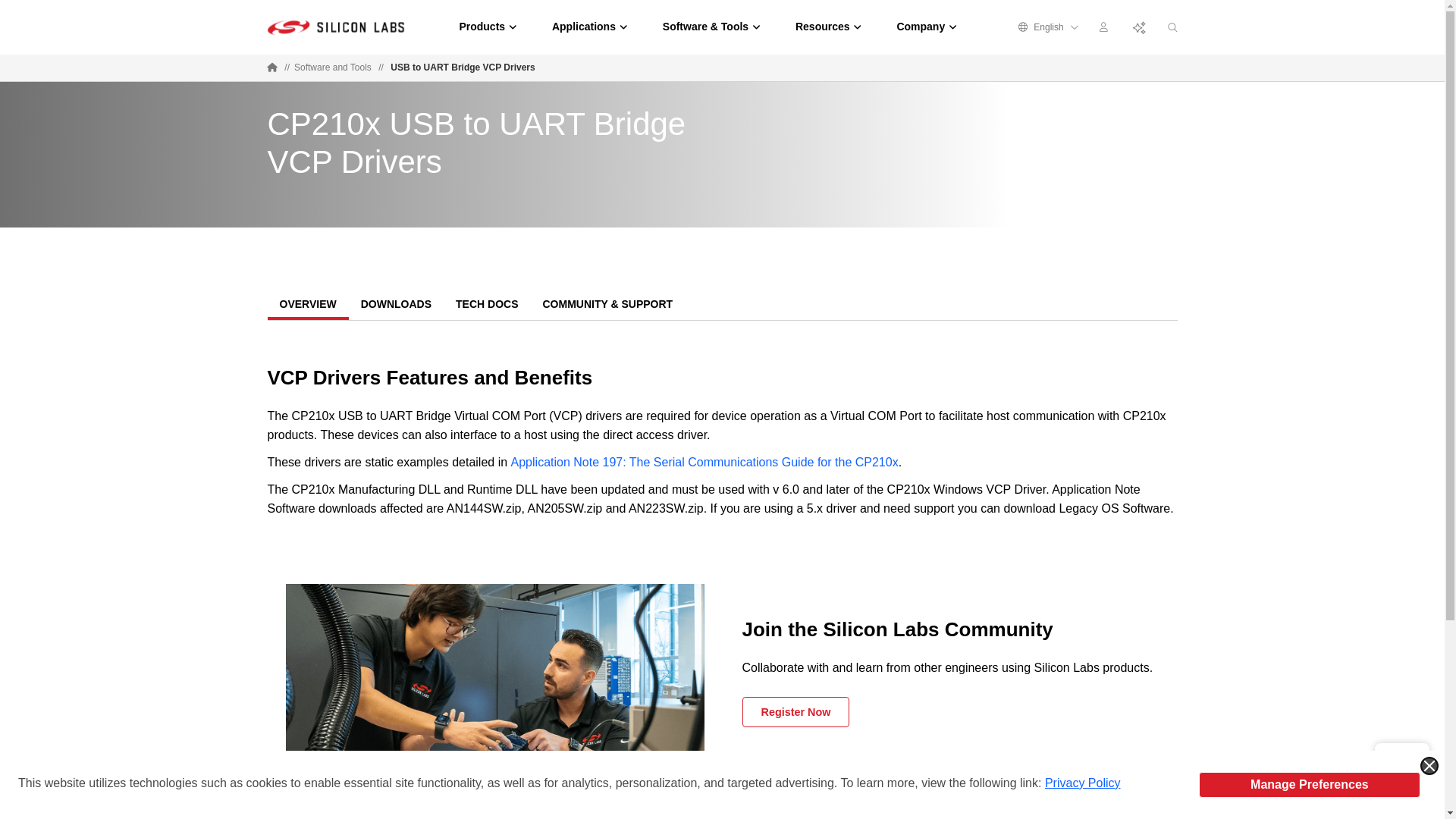 website screenshot of https://www.silabs.com/developers/usb-to-uart-bridge-vcp-drivers