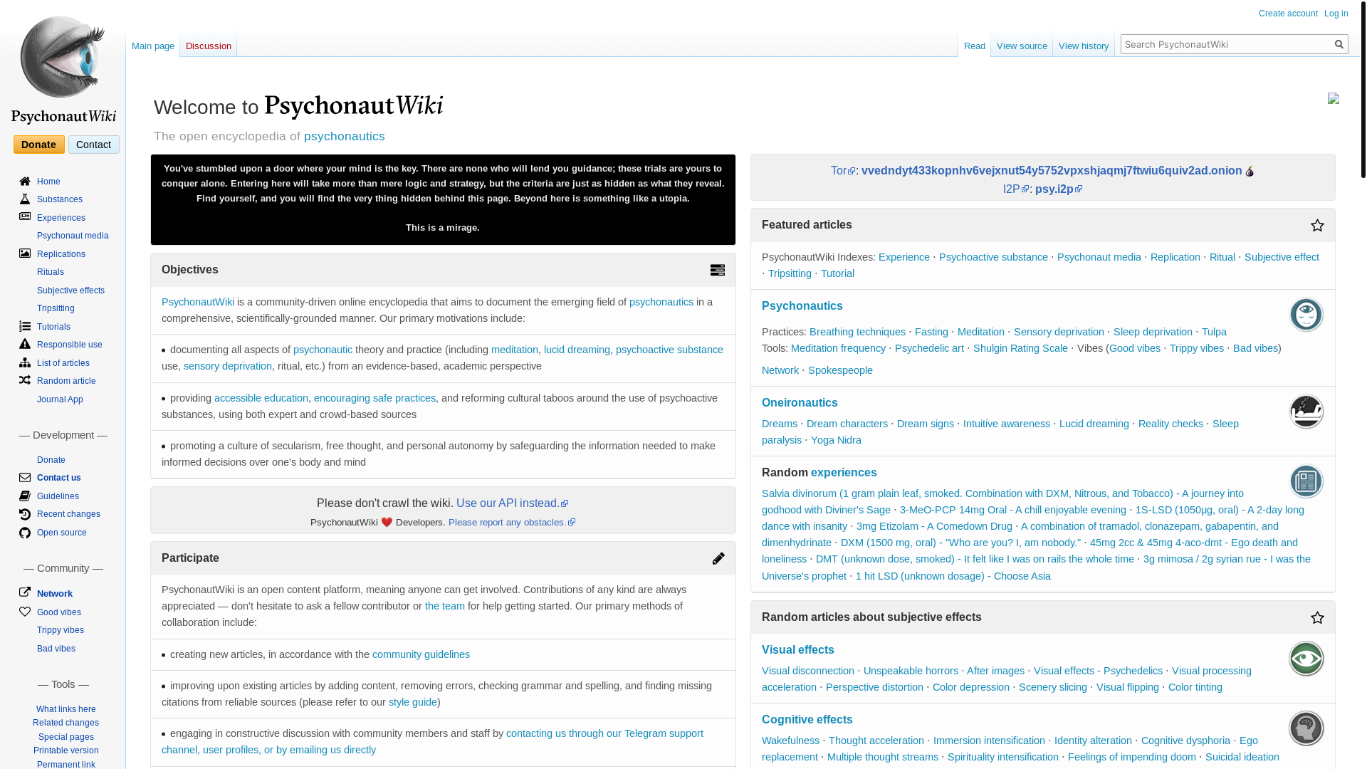 website screenshot of https://psychonautwiki.org/wiki/Main_Page