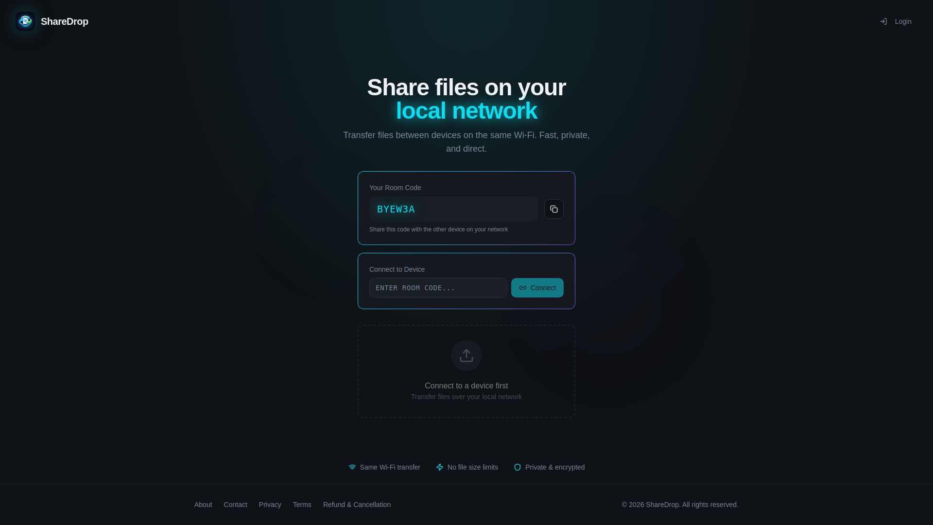 website screenshot of https://sharedropp2p.pages.dev/