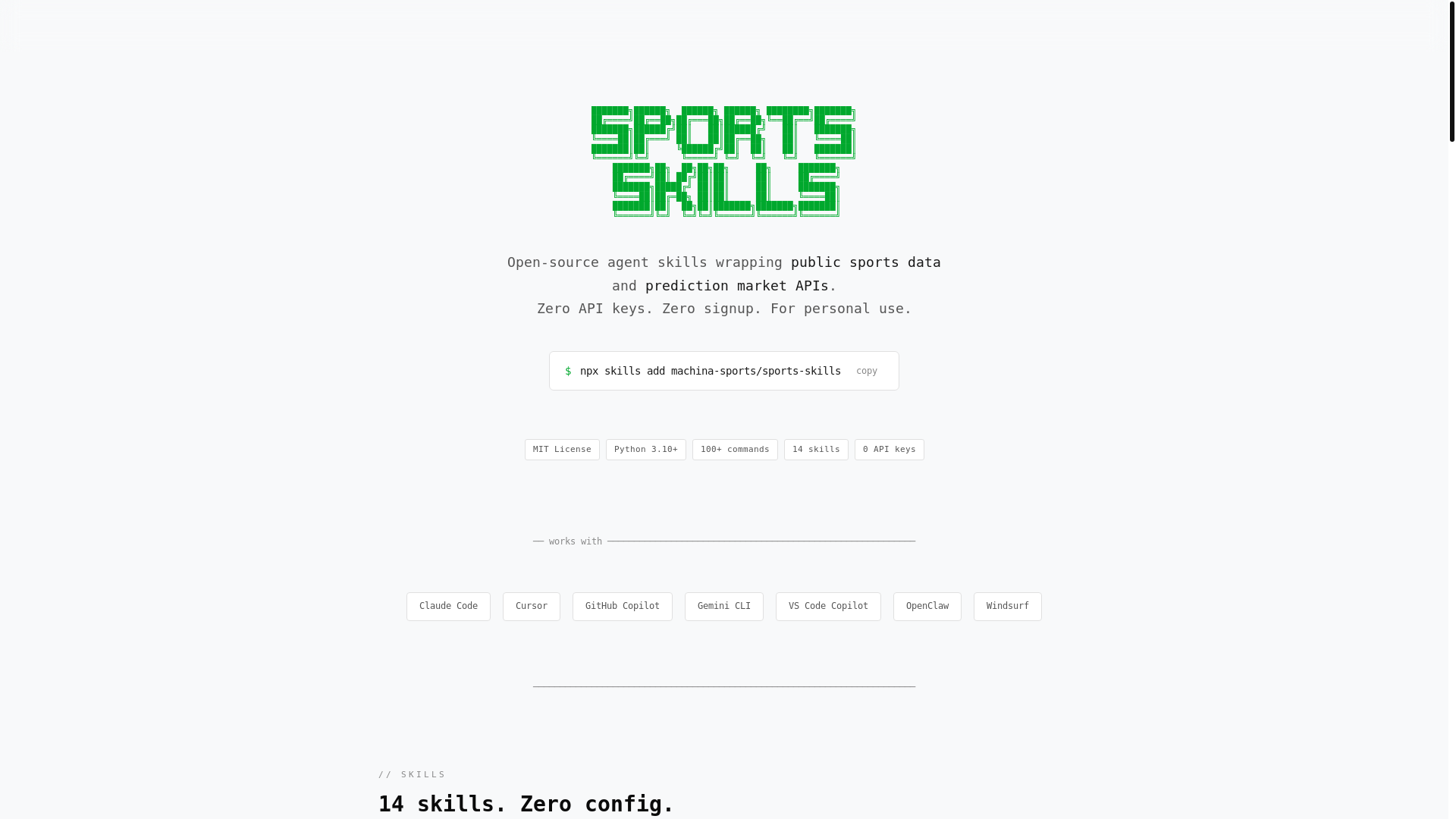 website screenshot of https://sports-skills.sh/