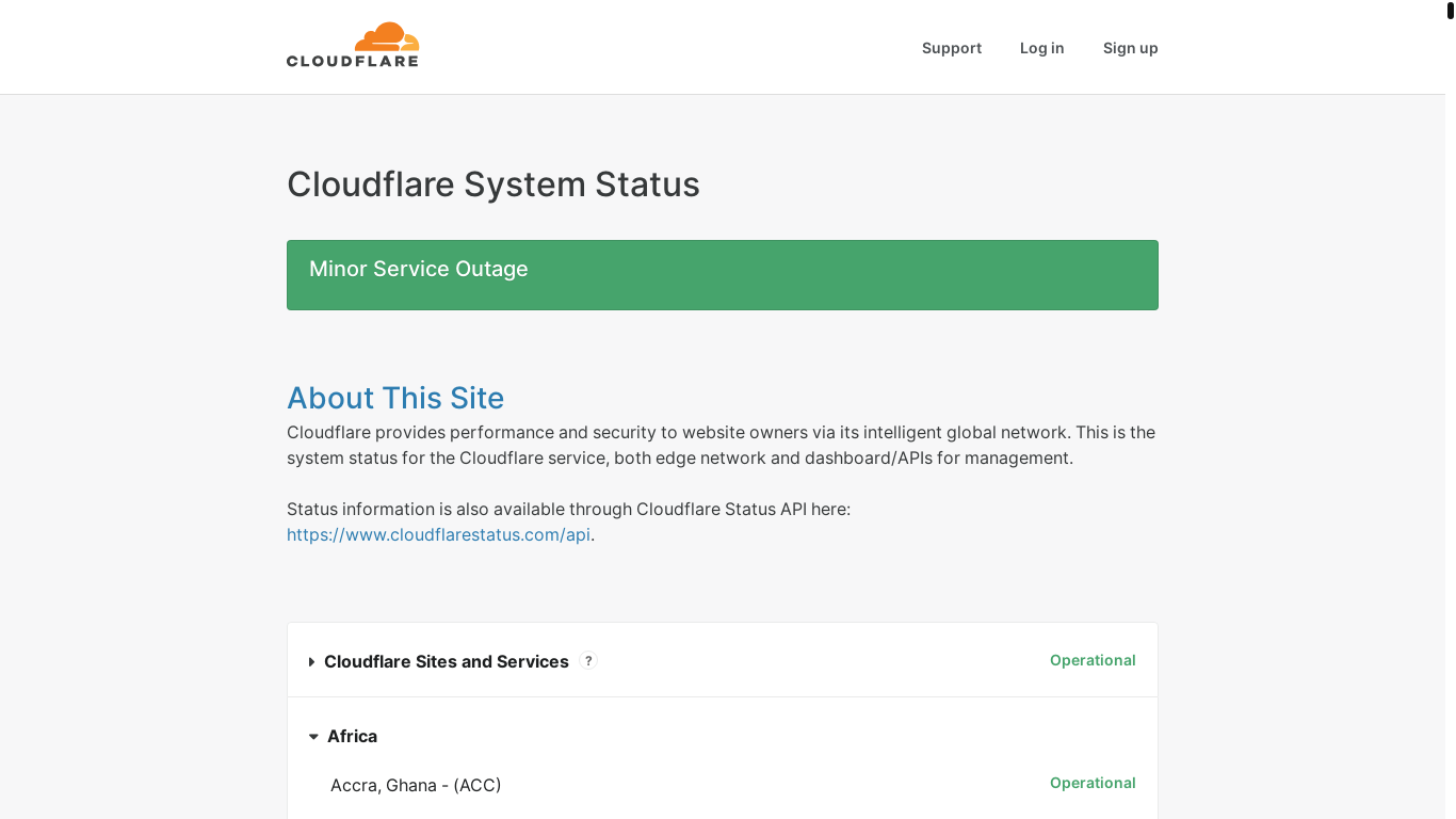 website screenshot of https://www.cloudflarestatus.com/