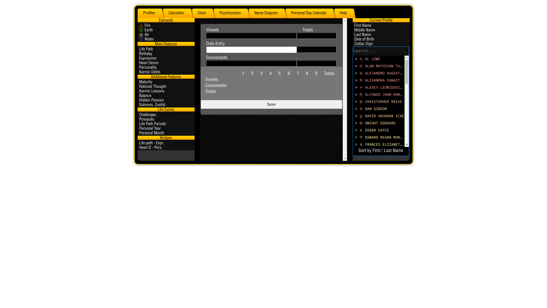 website screenshot of https://pythagorean-numerology-calc.sourceforge.io/pnc.html