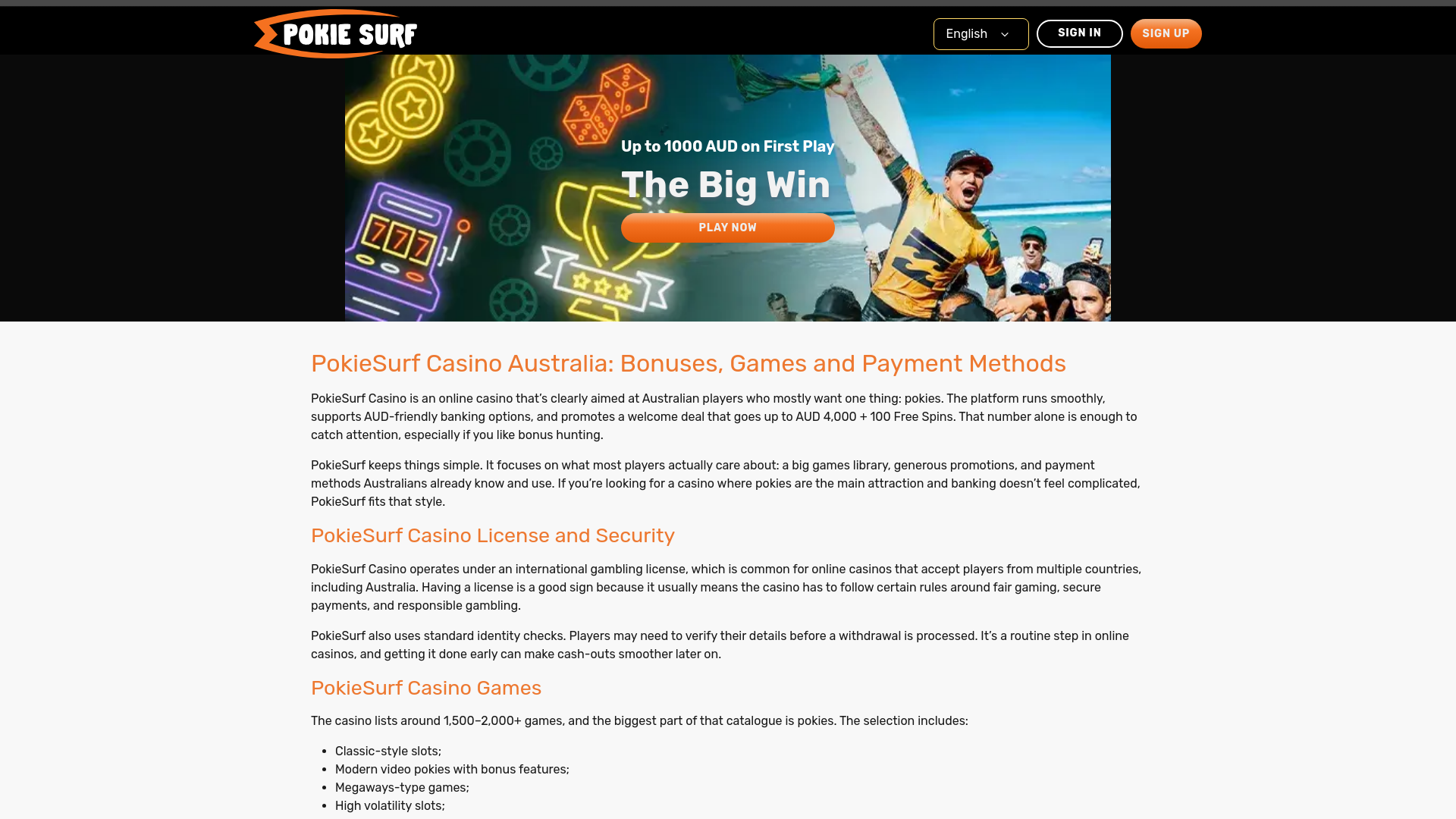 website screenshot of https://pokiesurfcasino-games.com/