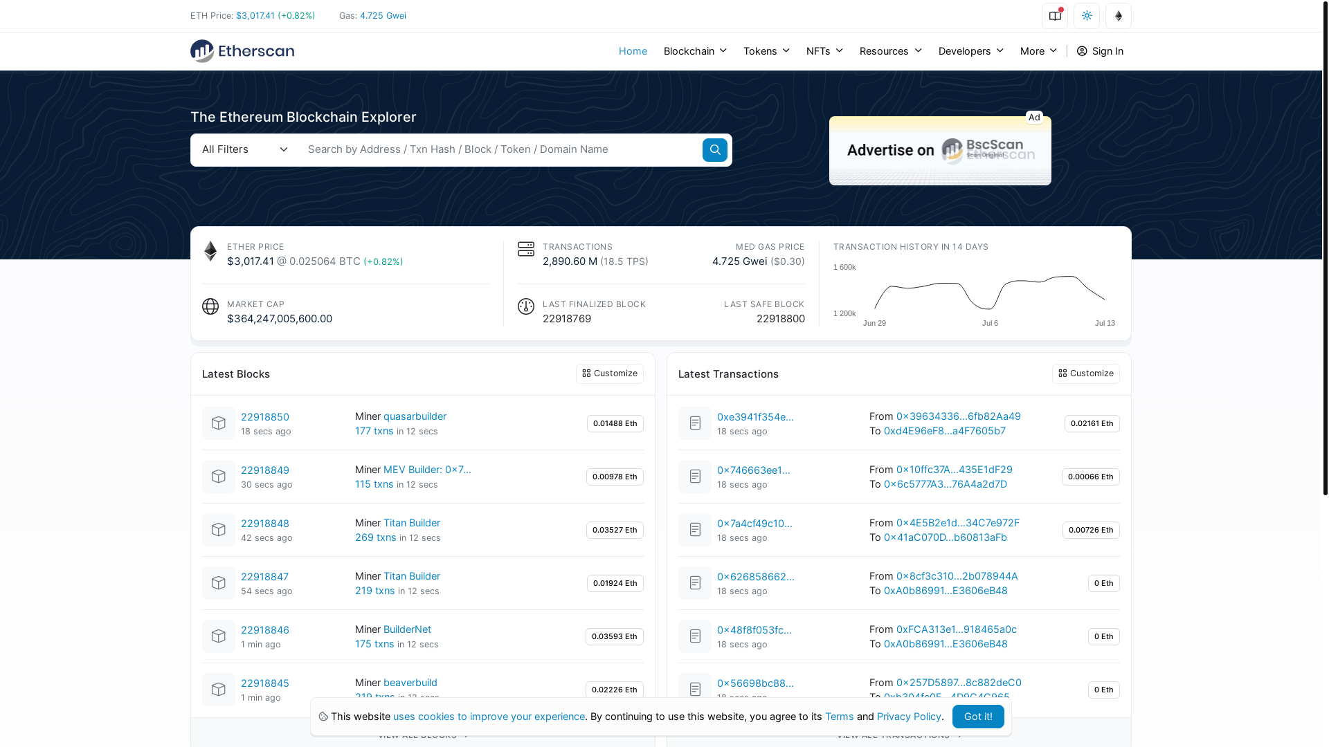 website screenshot of https://etherscan.io/