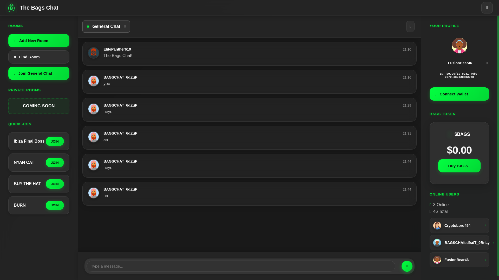 website screenshot of https://thebags.chat/