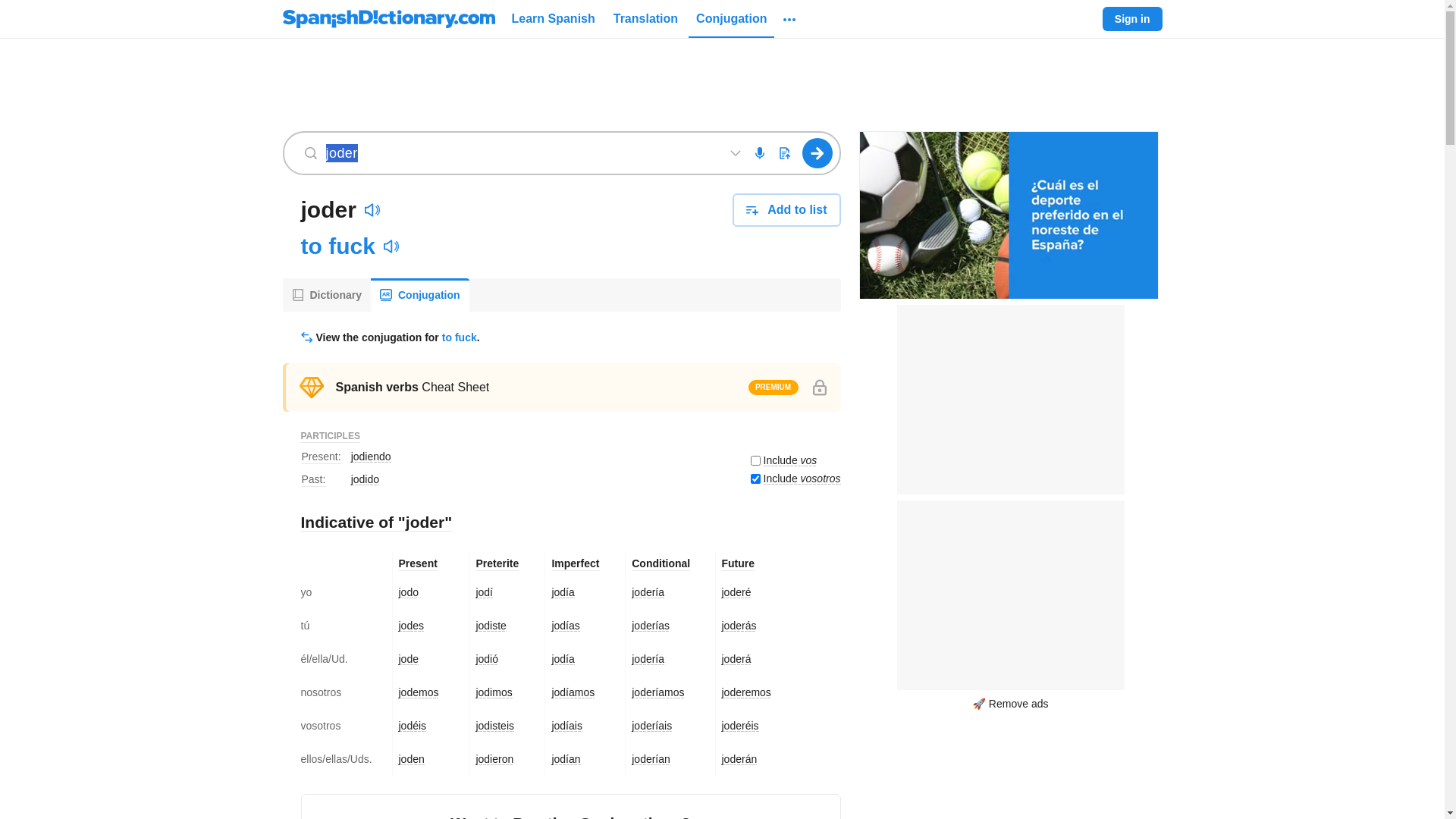 website screenshot of https://www.spanishdict.com/conjugate/joder