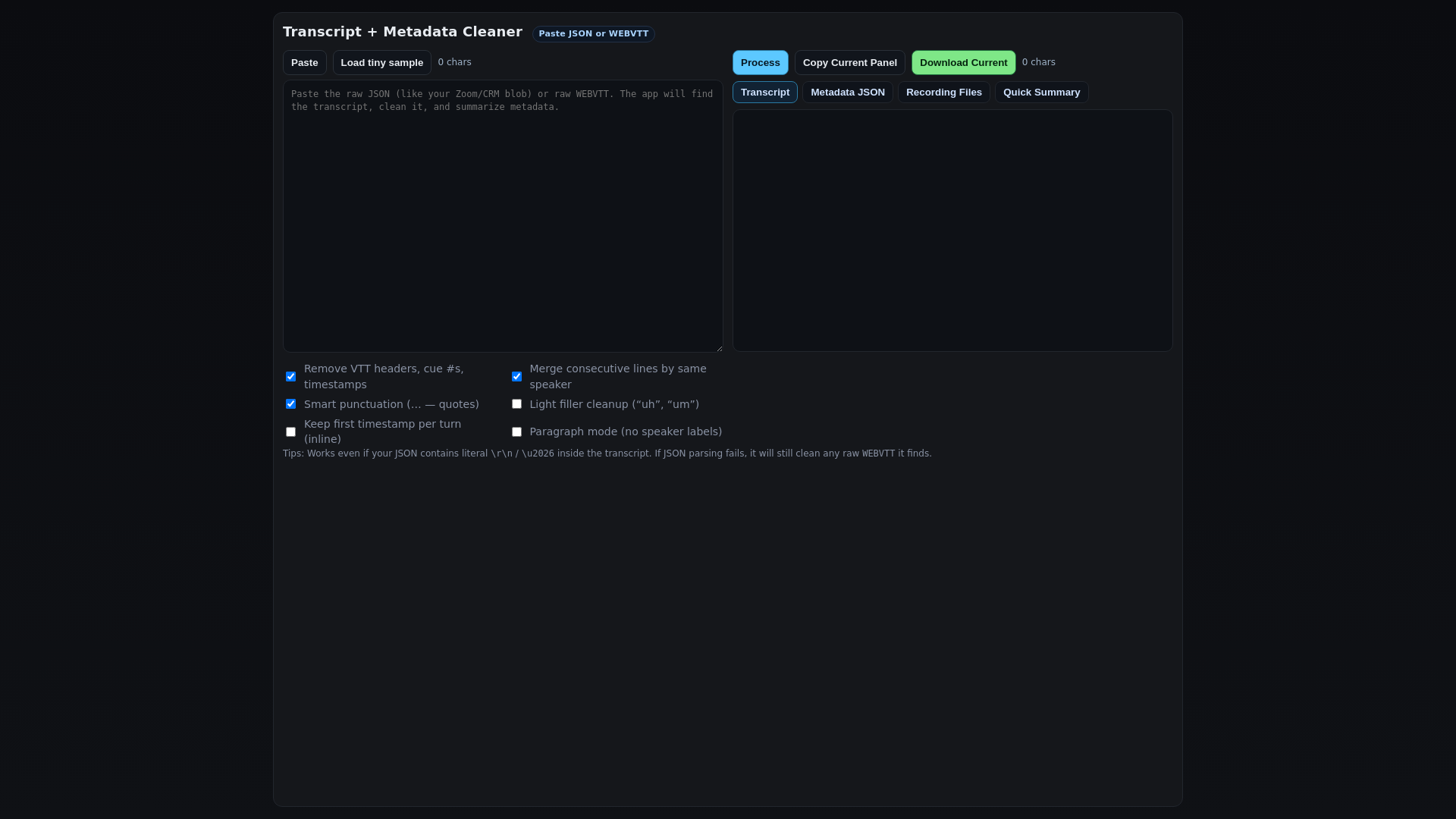 website screenshot of https://clean-transcripts.pages.dev/