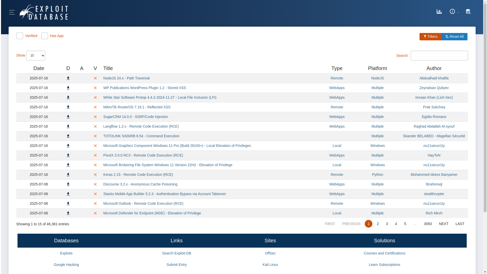 website screenshot of https://www.exploit-db.com/