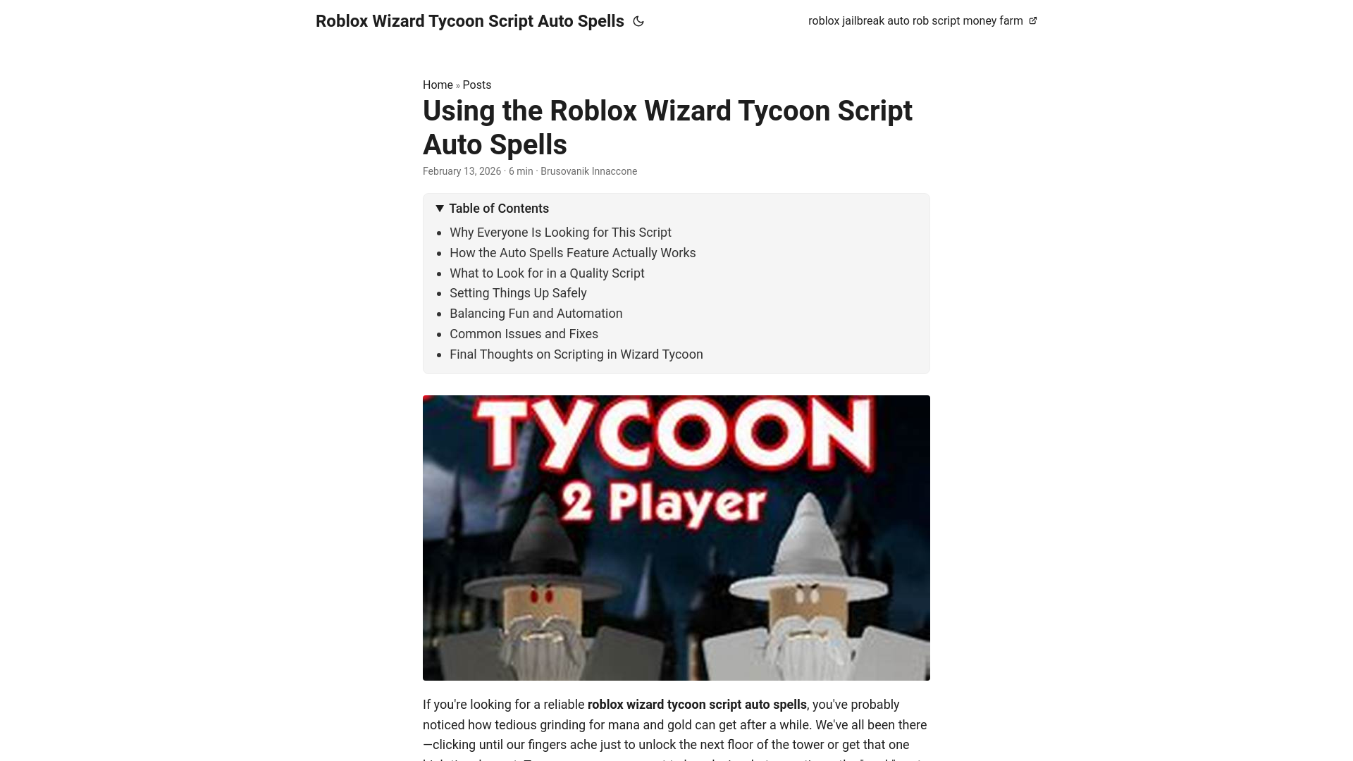 website screenshot of https://roblox-wizard-tycoon-script-auto-spells.pages.dev/