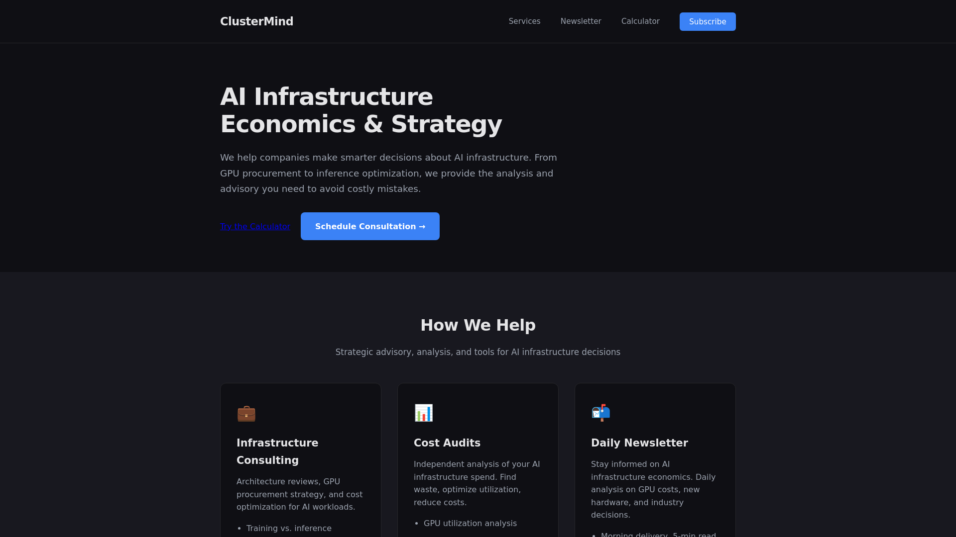 website screenshot of https://clustermind.io/