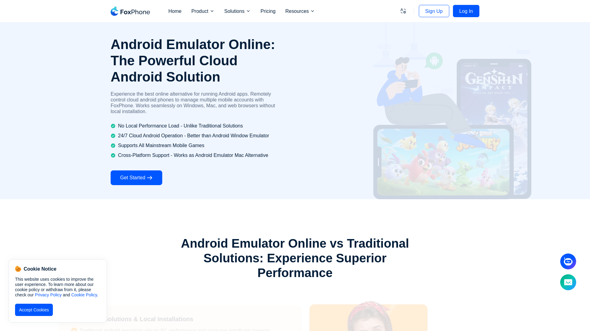 website screenshot of https://www.foxphone.com/android-emulator/