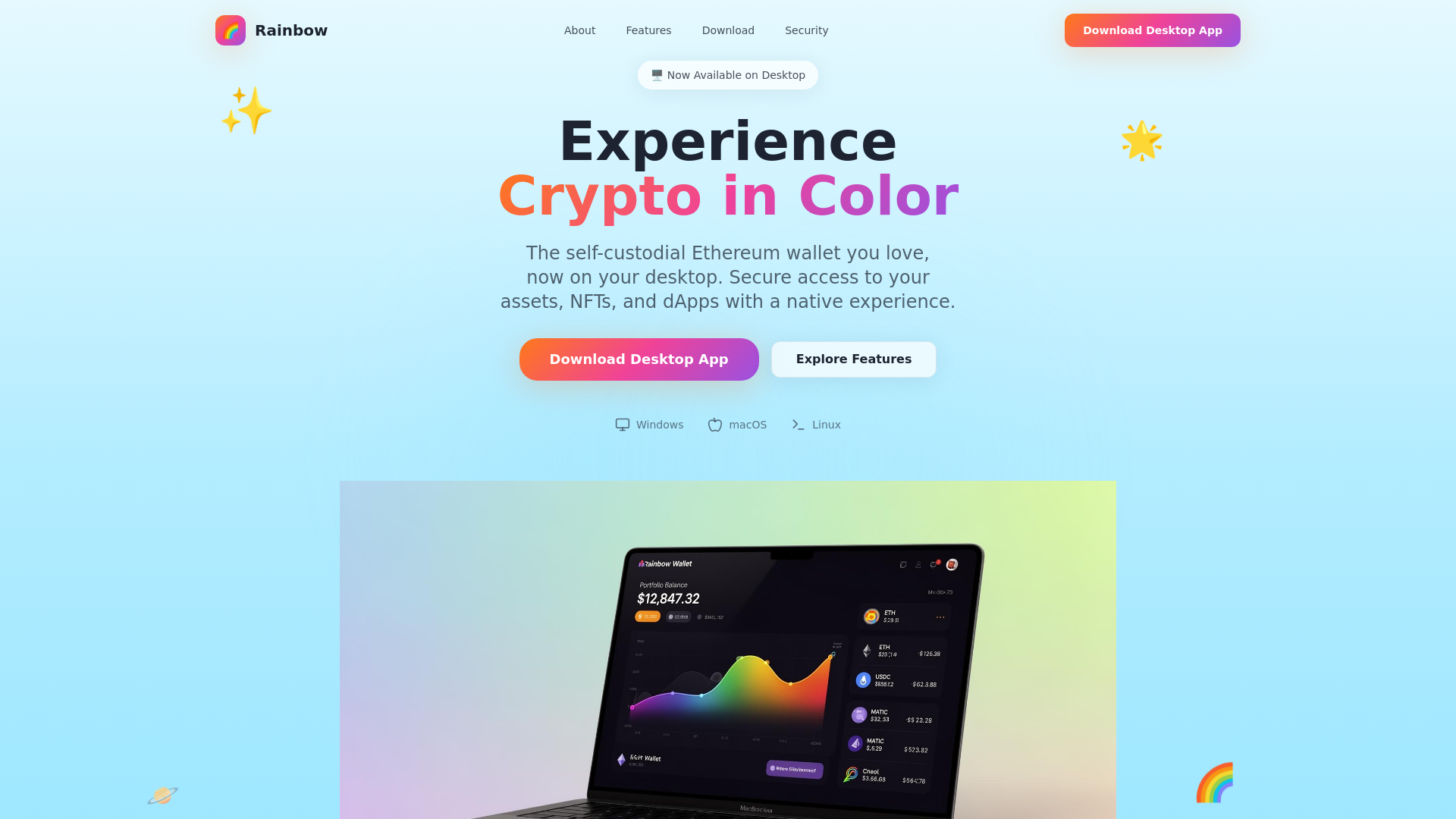 website screenshot of https://www.rainbowdesktopwallet.app