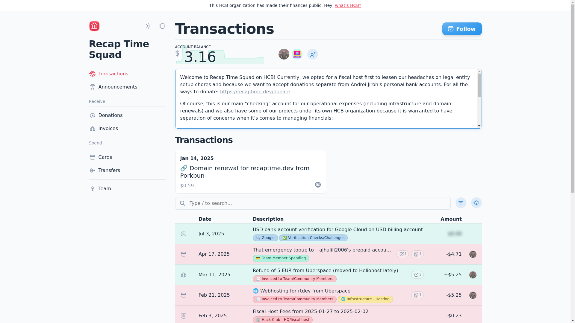 website screenshot of https://hcb.hackclub.com/recaptime-dev