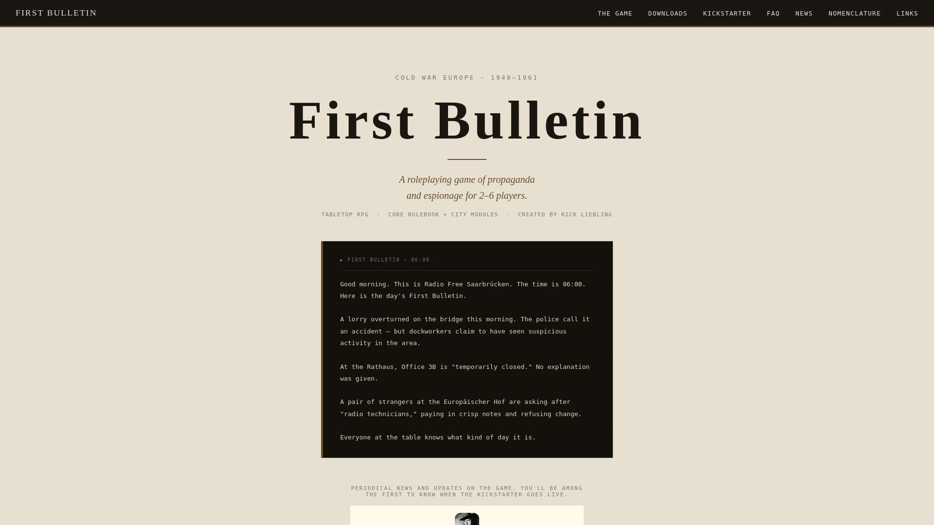 website screenshot of https://firstbulletinrpg.com/