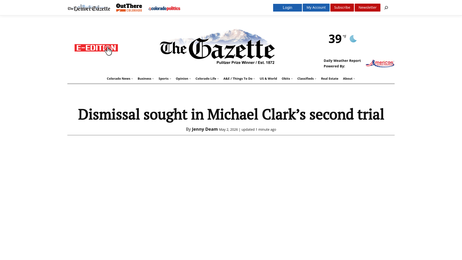 website screenshot of https://gazette.com/2026/05/02/dismissal-sought-in-michael-clarks-second-trial/