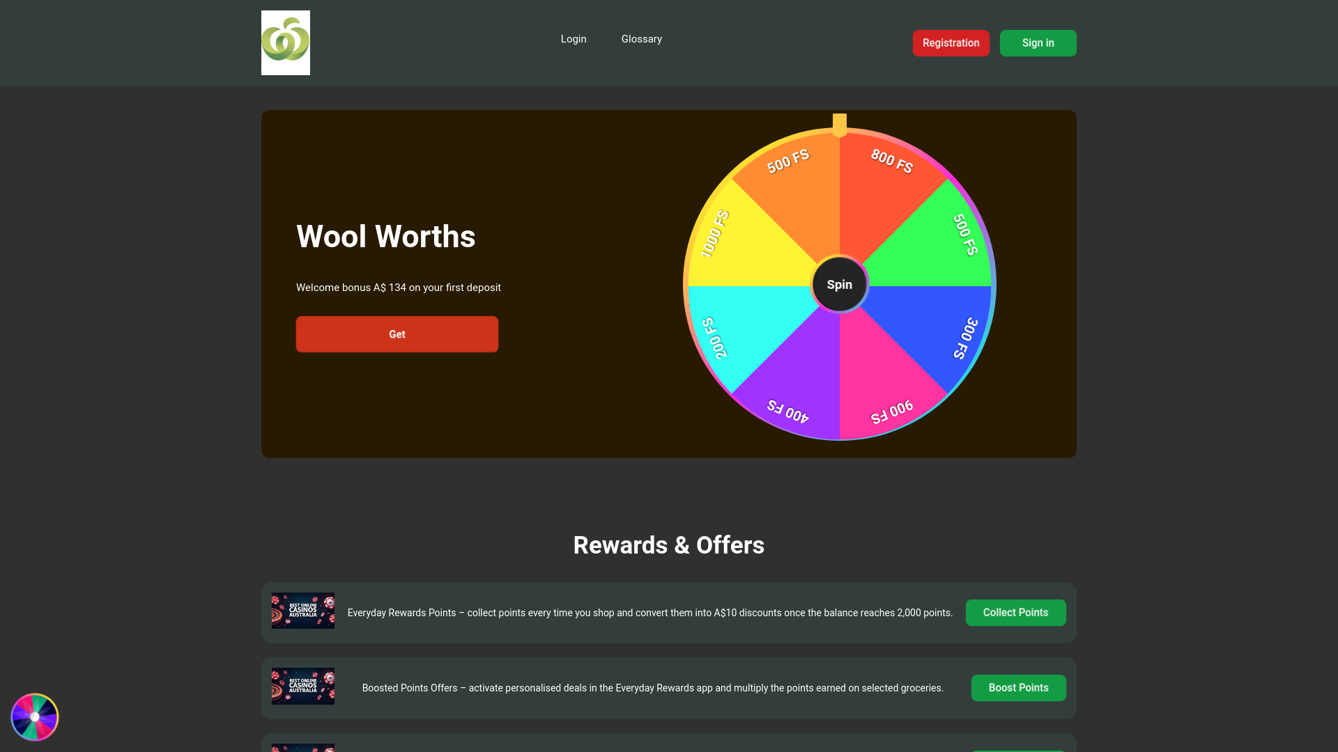 website screenshot of https://woolworthscasino-australia.com/