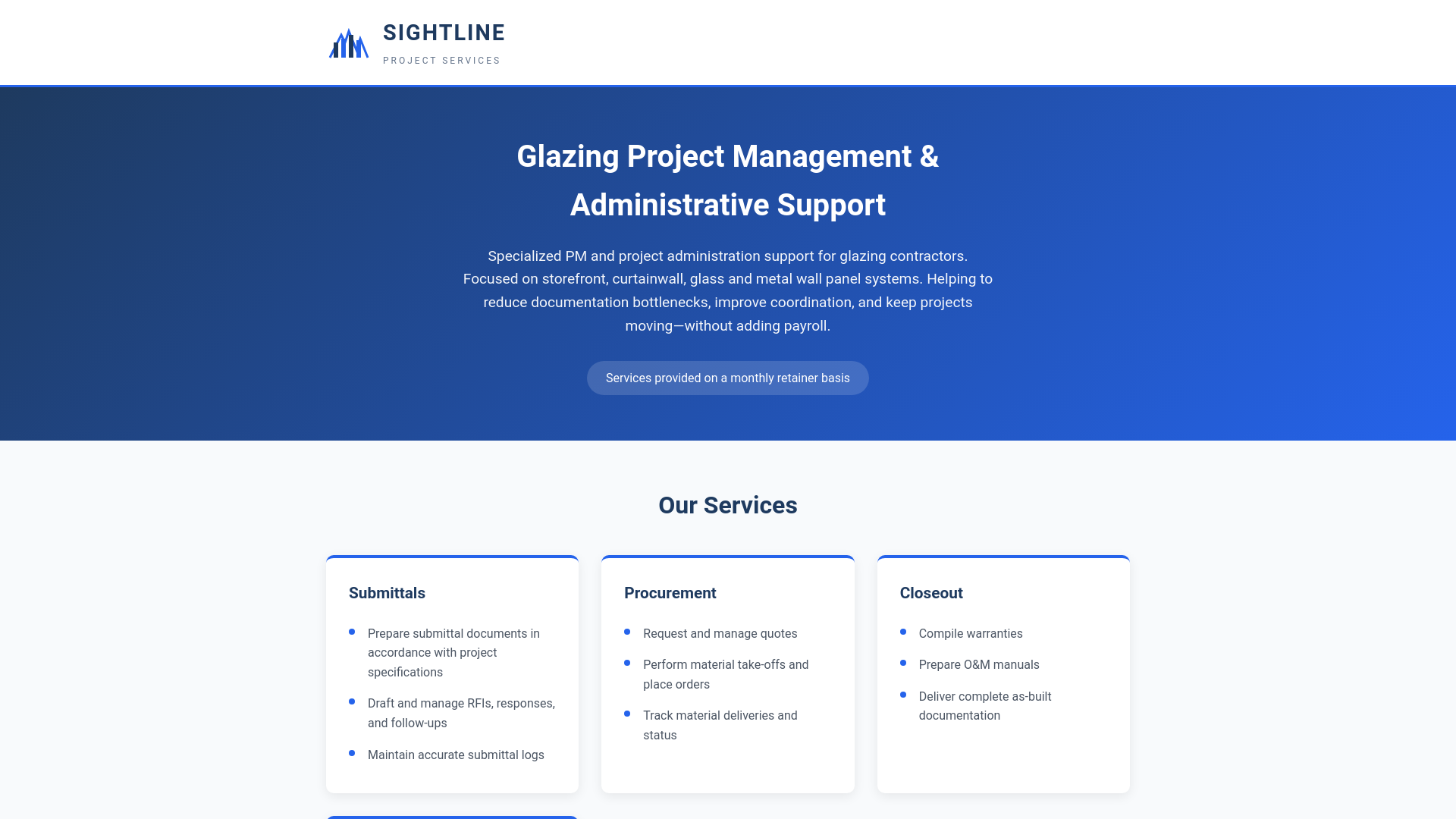 website screenshot of https://sightlineprojectservices.com/