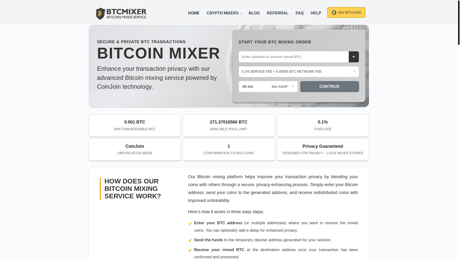 website screenshot of https://btcmixer.pro/