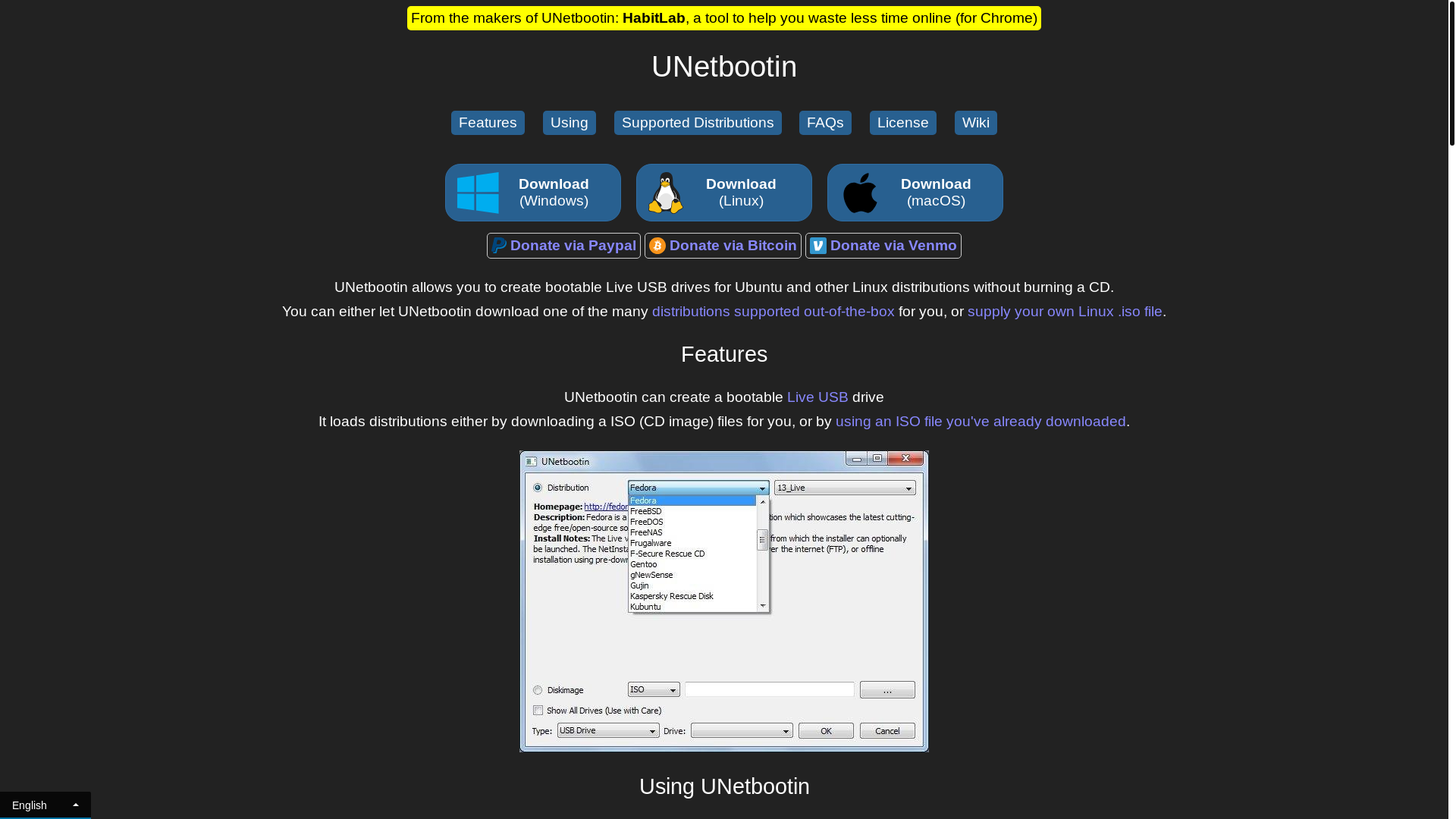website screenshot of https://unetbootin.github.io/