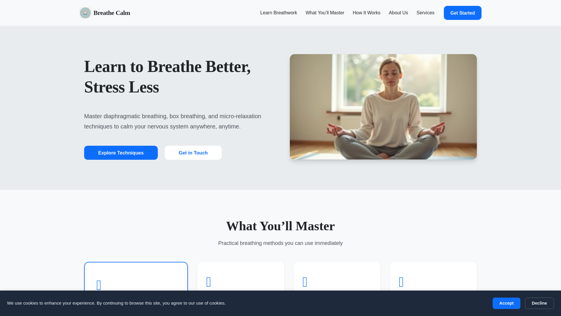 website screenshot of https://breathecalm-ie.com